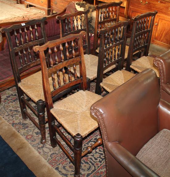 Set of 6 early 19C elm spindle-back rush seat dining chairs